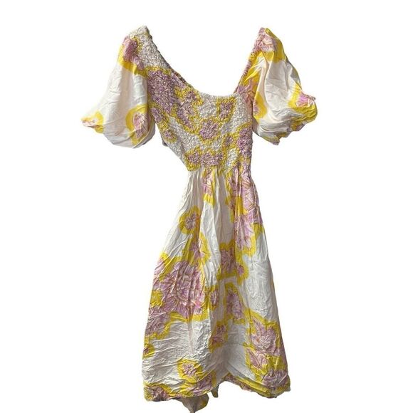 Free People Kalimantan Printed Midi Dress Bold Floral Ruched Blush Yellow Medium - Picture 4 of 14